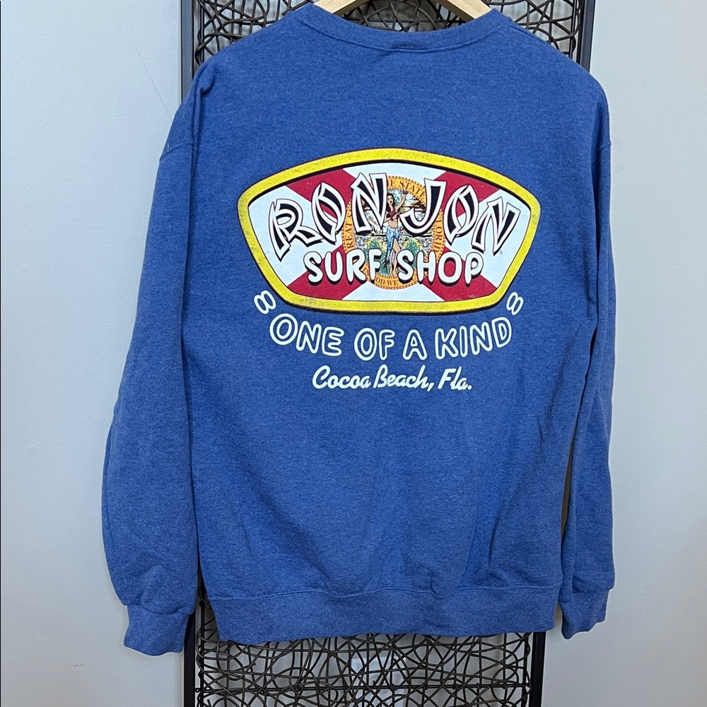 Ron Jon One of a Kind Cocoa Beach FL Surf Distressed Crew Sweatshirt Blue M